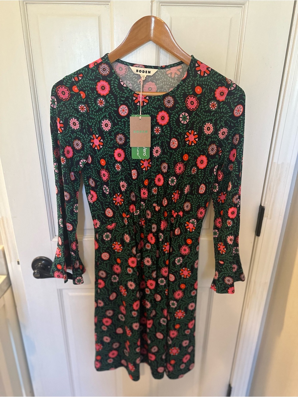 Boden Green Midi Dress with Pink & Red Floral Print